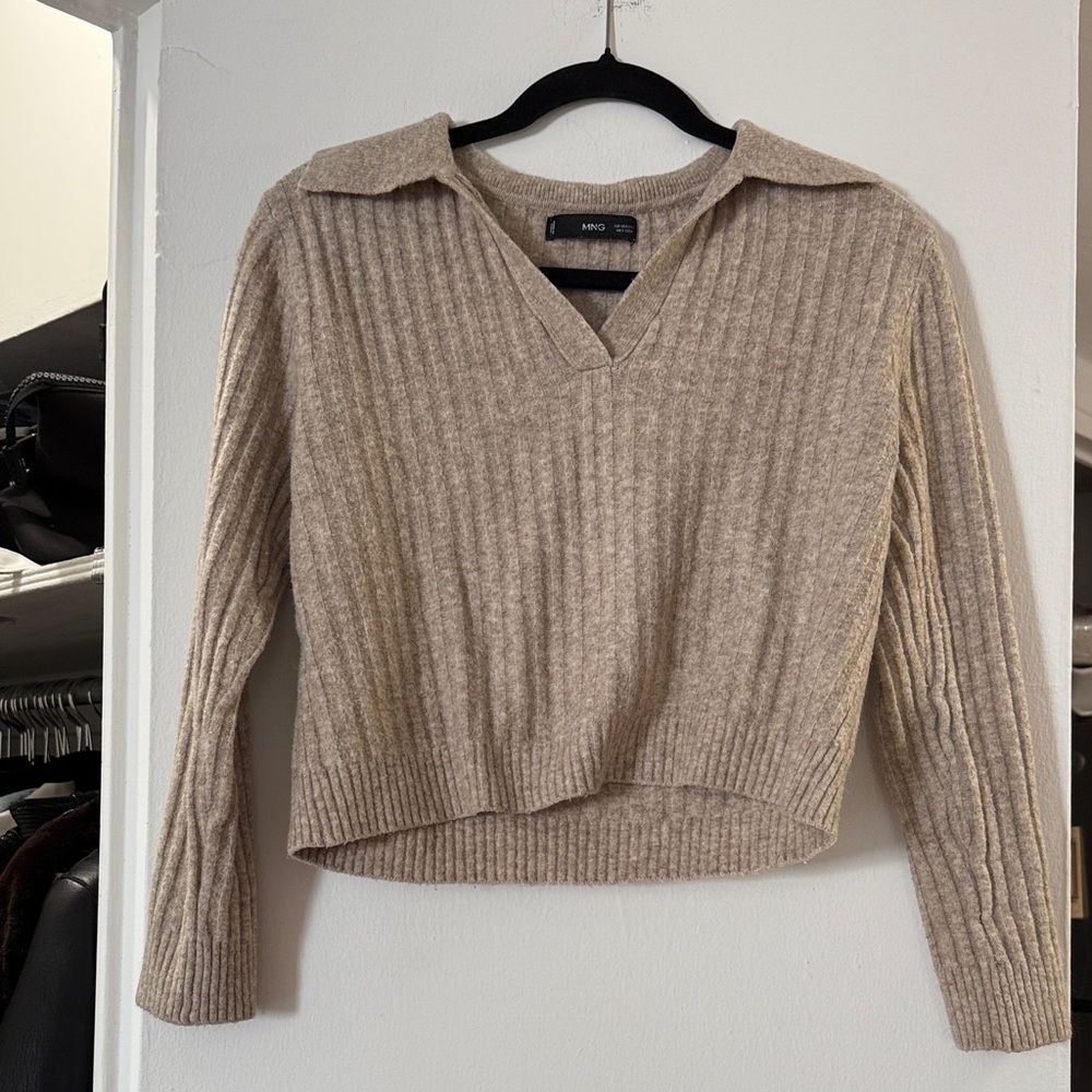 Mango Ribbed V-Neck Sweater - Tan Size XXS
